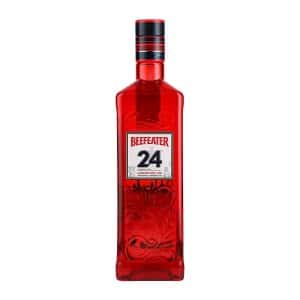 Botella de Beefeater 24 en vista frontal con diseño rojo y etiqueta plateada