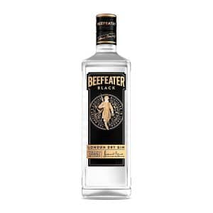 Botella de ginebra Beefeater Black en vista frontal con diseño negro y dorado