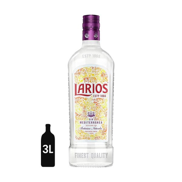 Botella de ginebra Larios Dry 3L, clásica ginebra mediterránea con enebro y cítricos.