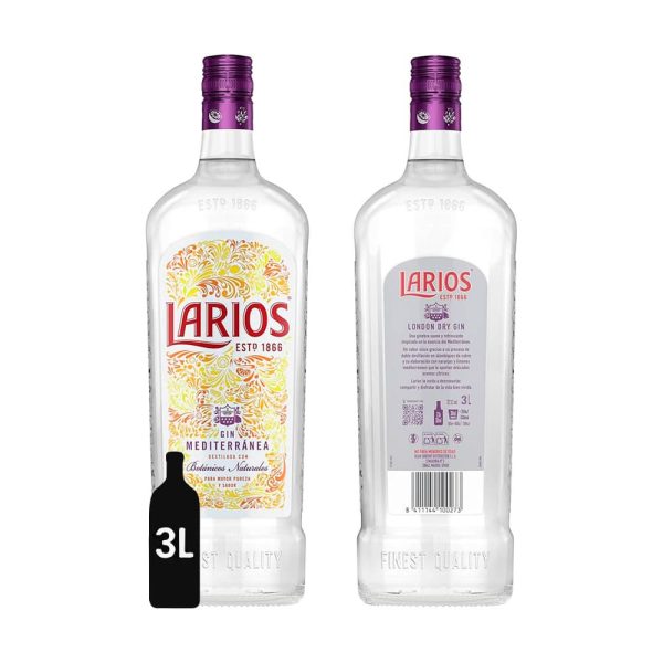 Botella de Ginebra Larios Dry 3L vista delantera y trasera