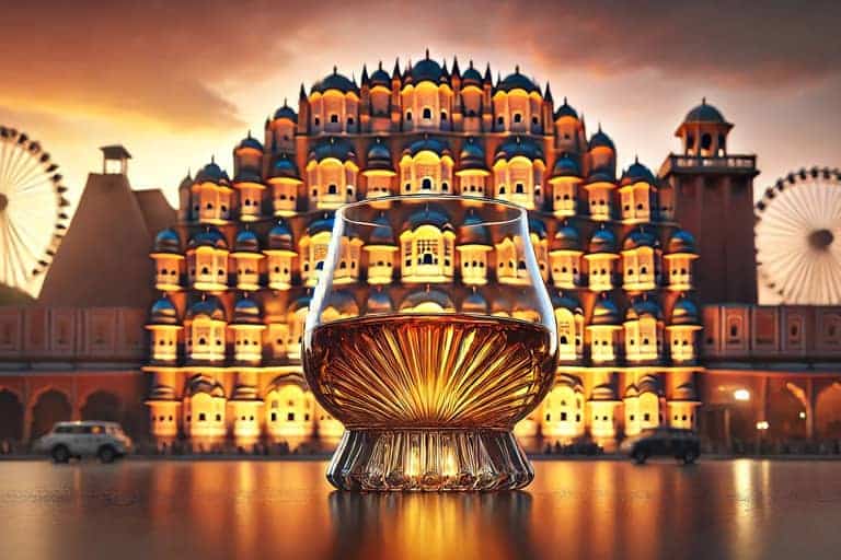 vaso de whisky indio con el Hawa Mahal en el fondo