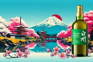 Paisaje de Japón junto a una botella de whisky Hakushu 18 Peated Malt Edición Centenario, destacando su conexión con la naturaleza y tradición japonesa